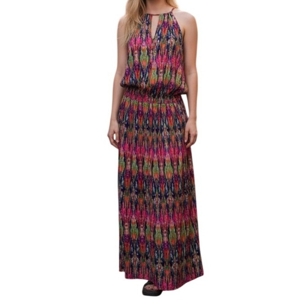 TOMMY BAHAMA  Multi Color Ikat Print Halter Style Blouson Maxi Dress‎ EUC Size M